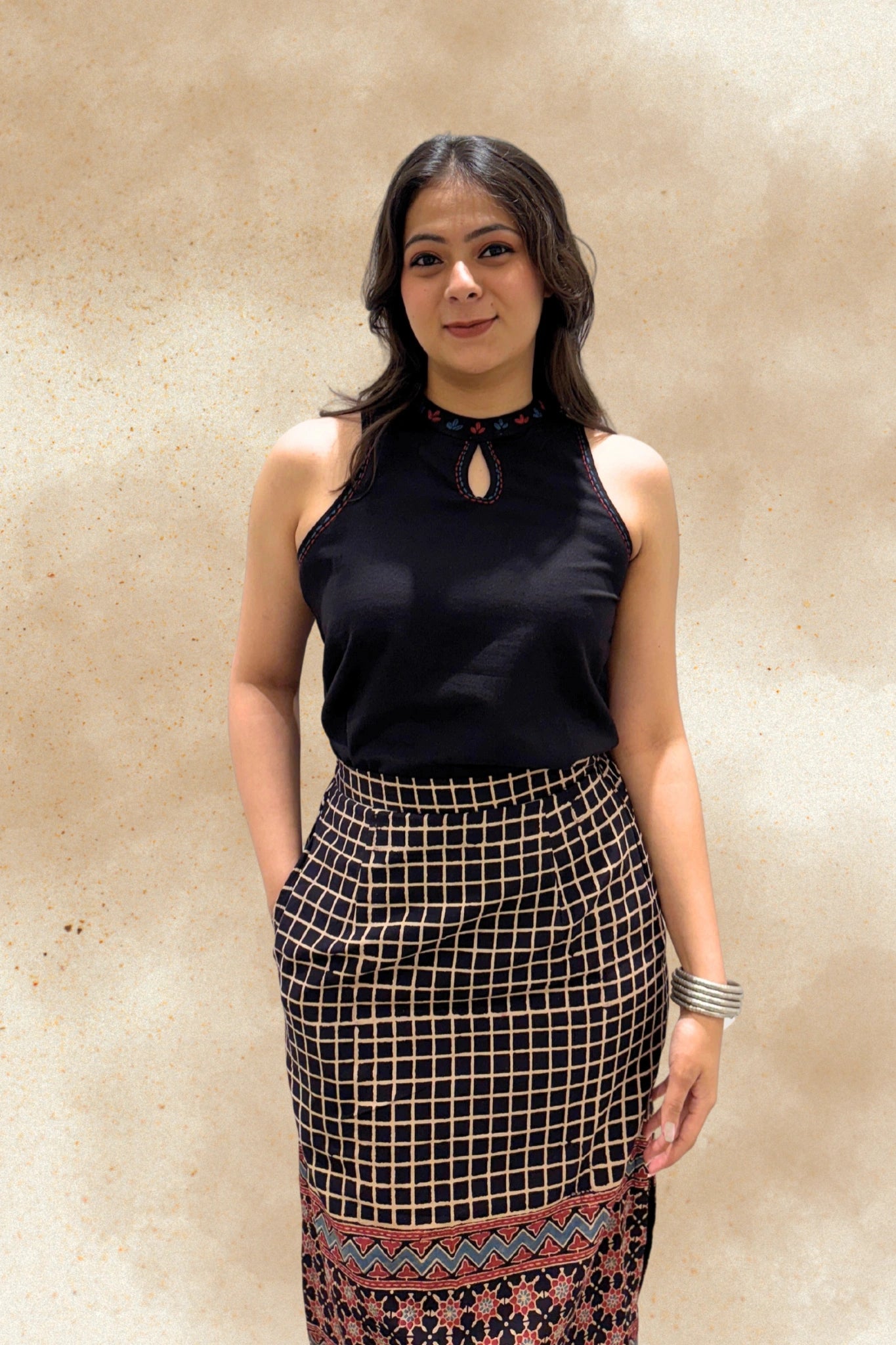 Halter Neck Black Top with Ethnic Patterned Skirt