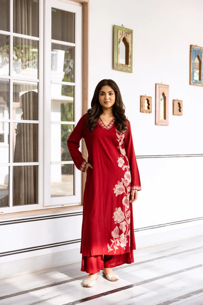 Crimson Floral Embroidered Salwar Suit