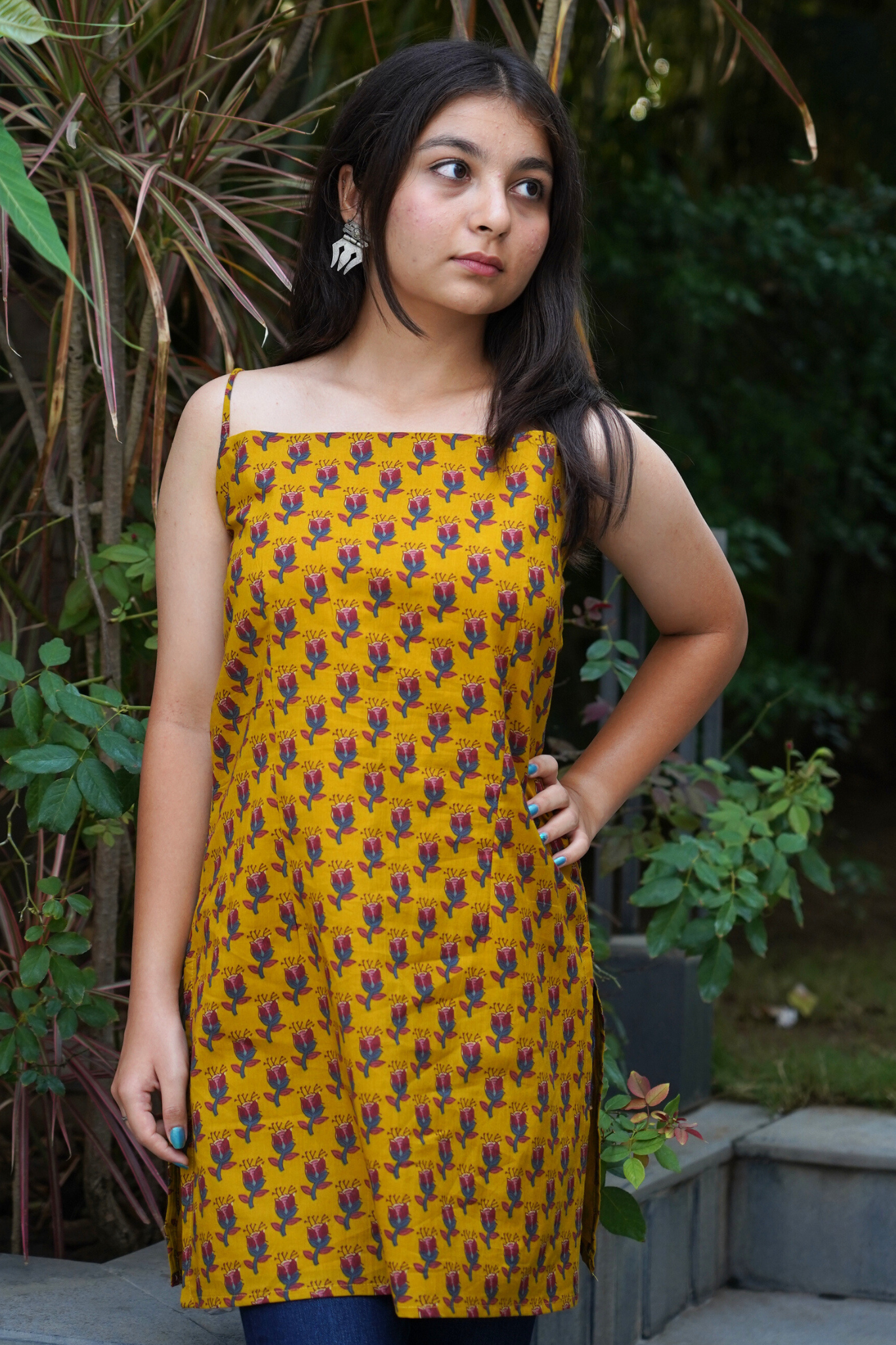 Mustard Botanical Sprig Print Spaghetti Kurti