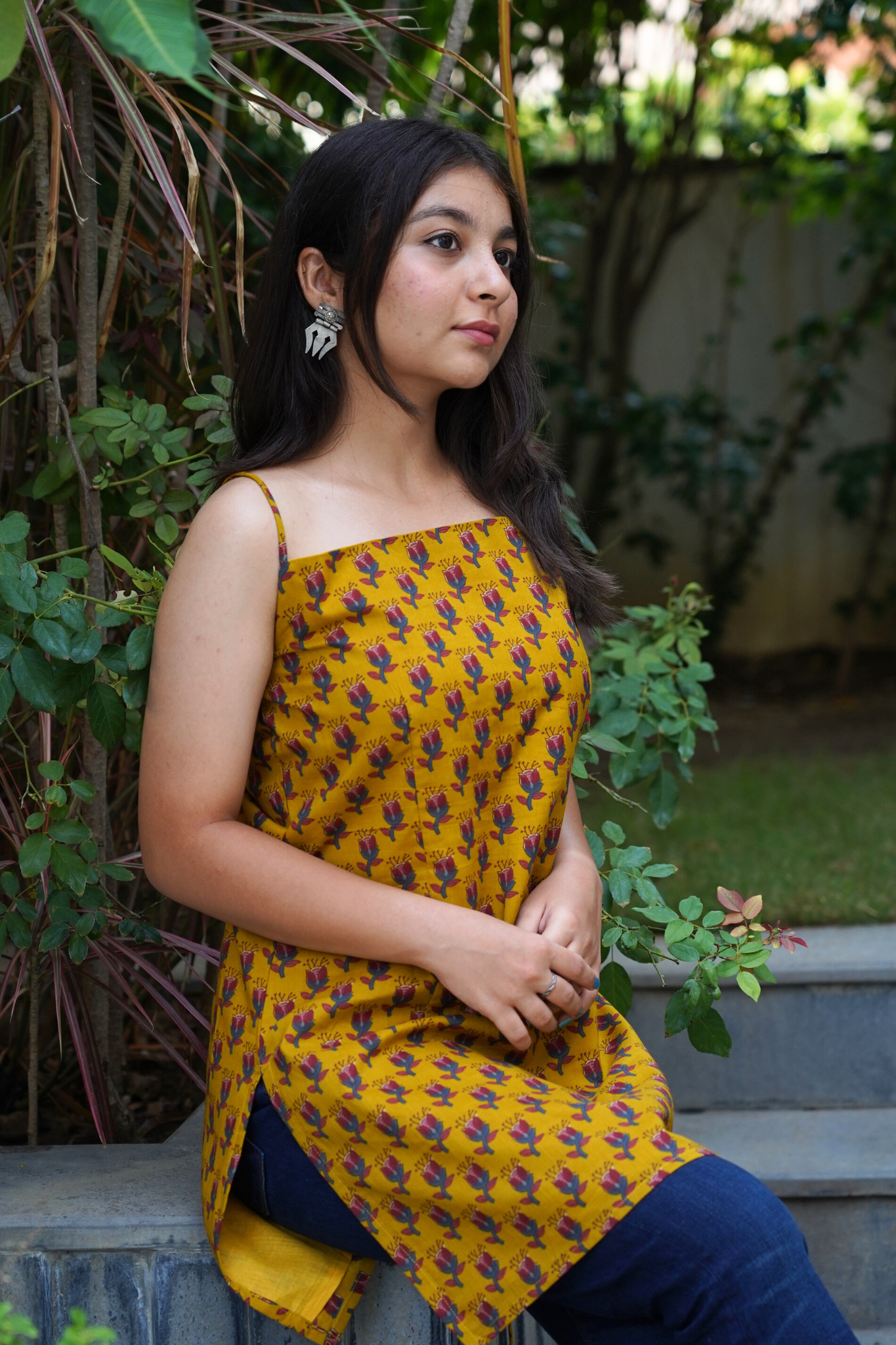 Mustard Botanical Sprig Print Spaghetti Kurti