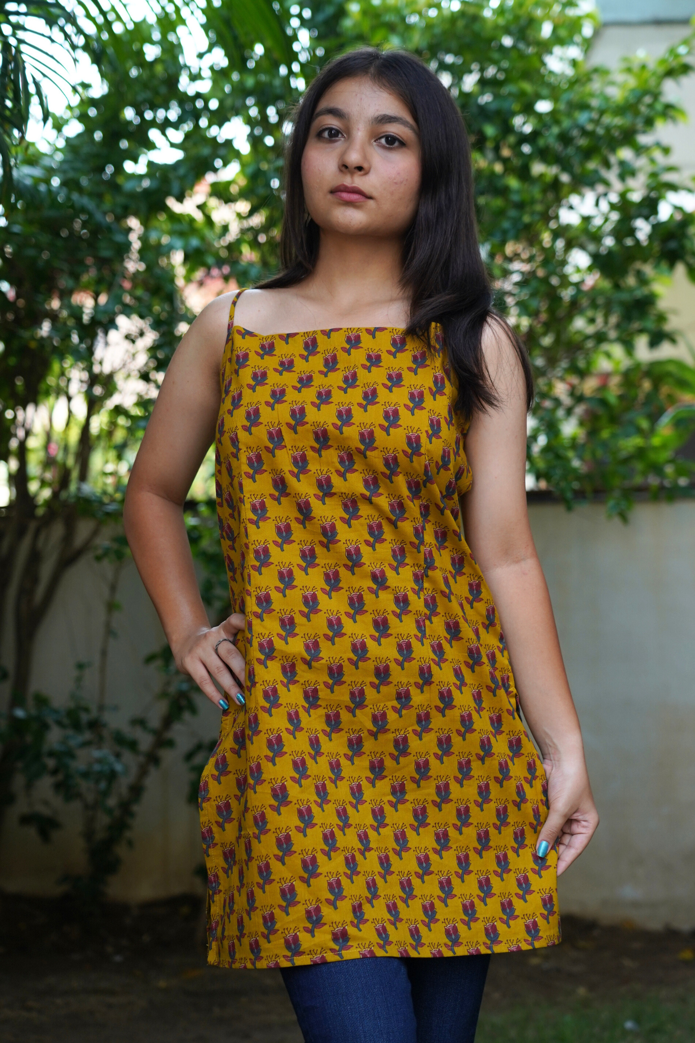 Mustard Botanical Sprig Print Spaghetti Kurti