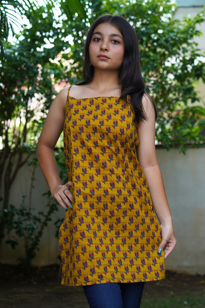 Mustard Botanical Sprig Print Spaghetti Kurti