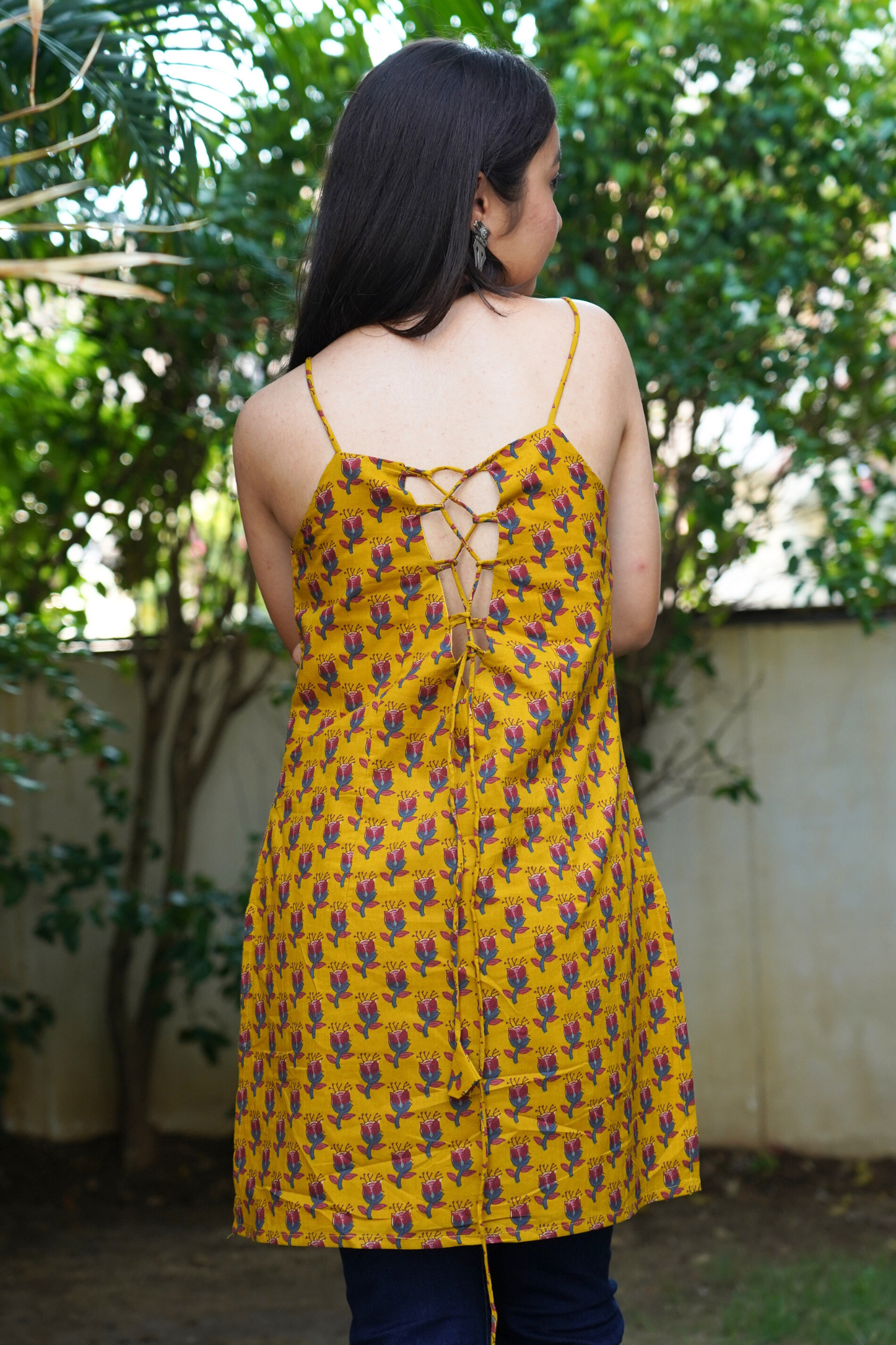 Mustard Botanical Sprig Print Spaghetti Kurti