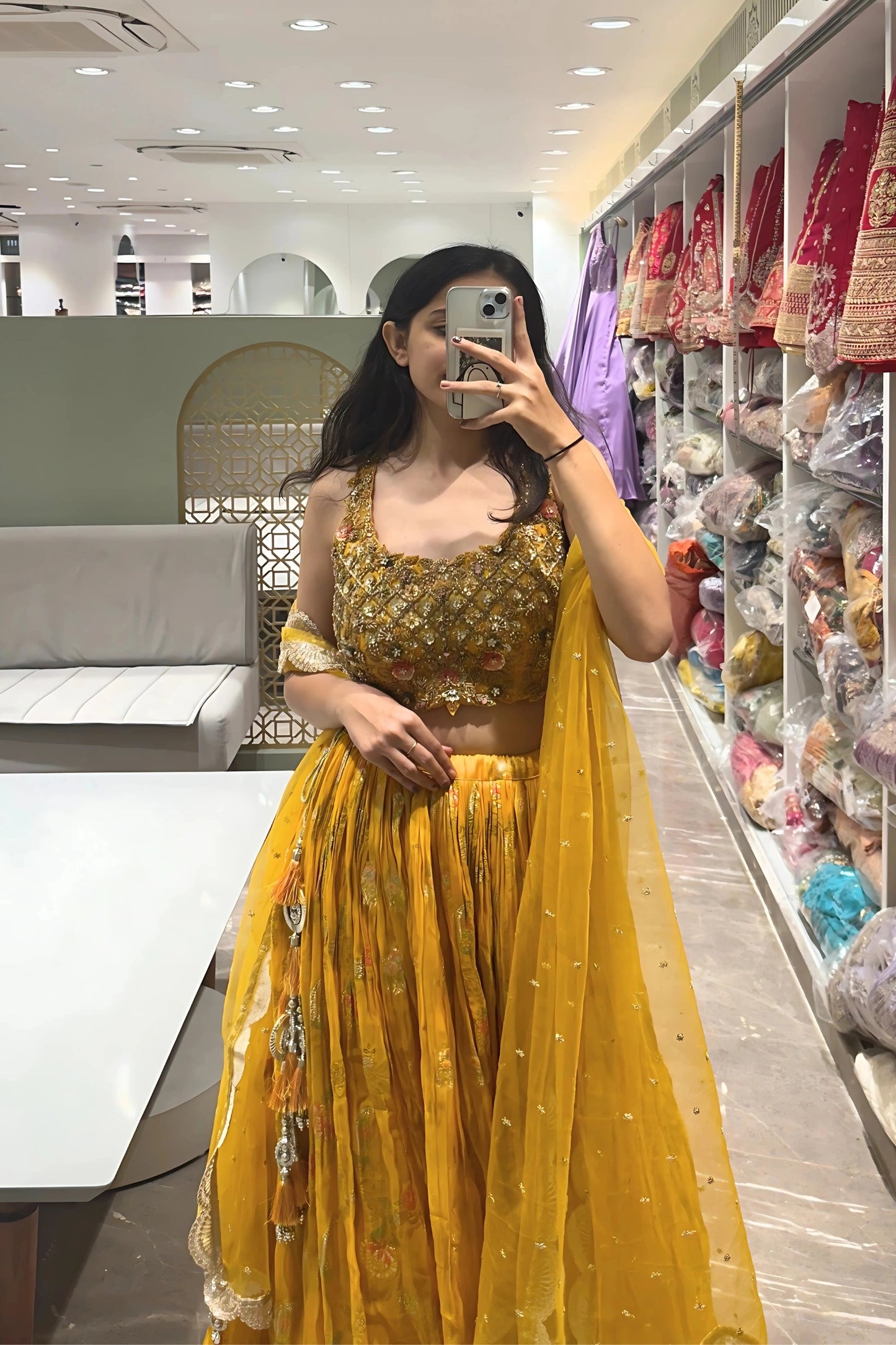 Golden Sunshine Mirror Work Lehenga