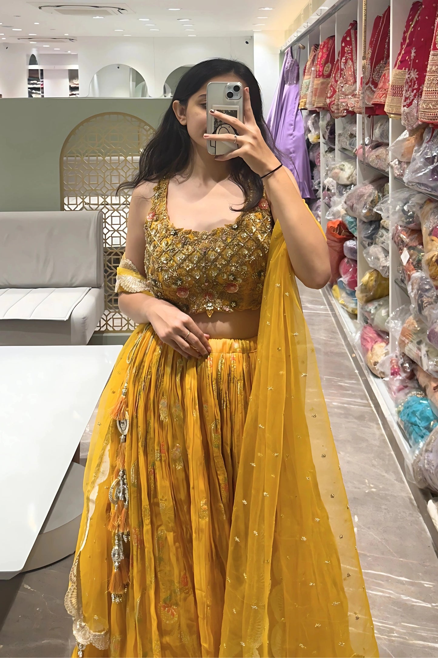 Golden Sunshine Mirror Work Lehenga