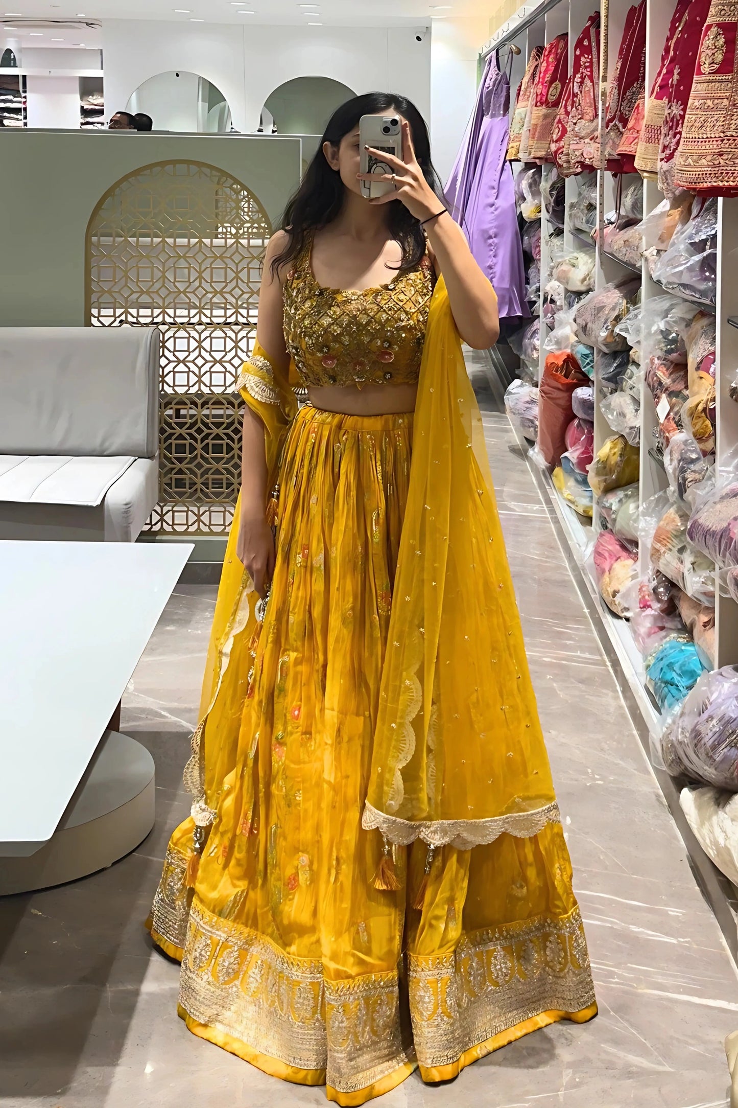 Golden Sunshine Mirror Work Lehenga