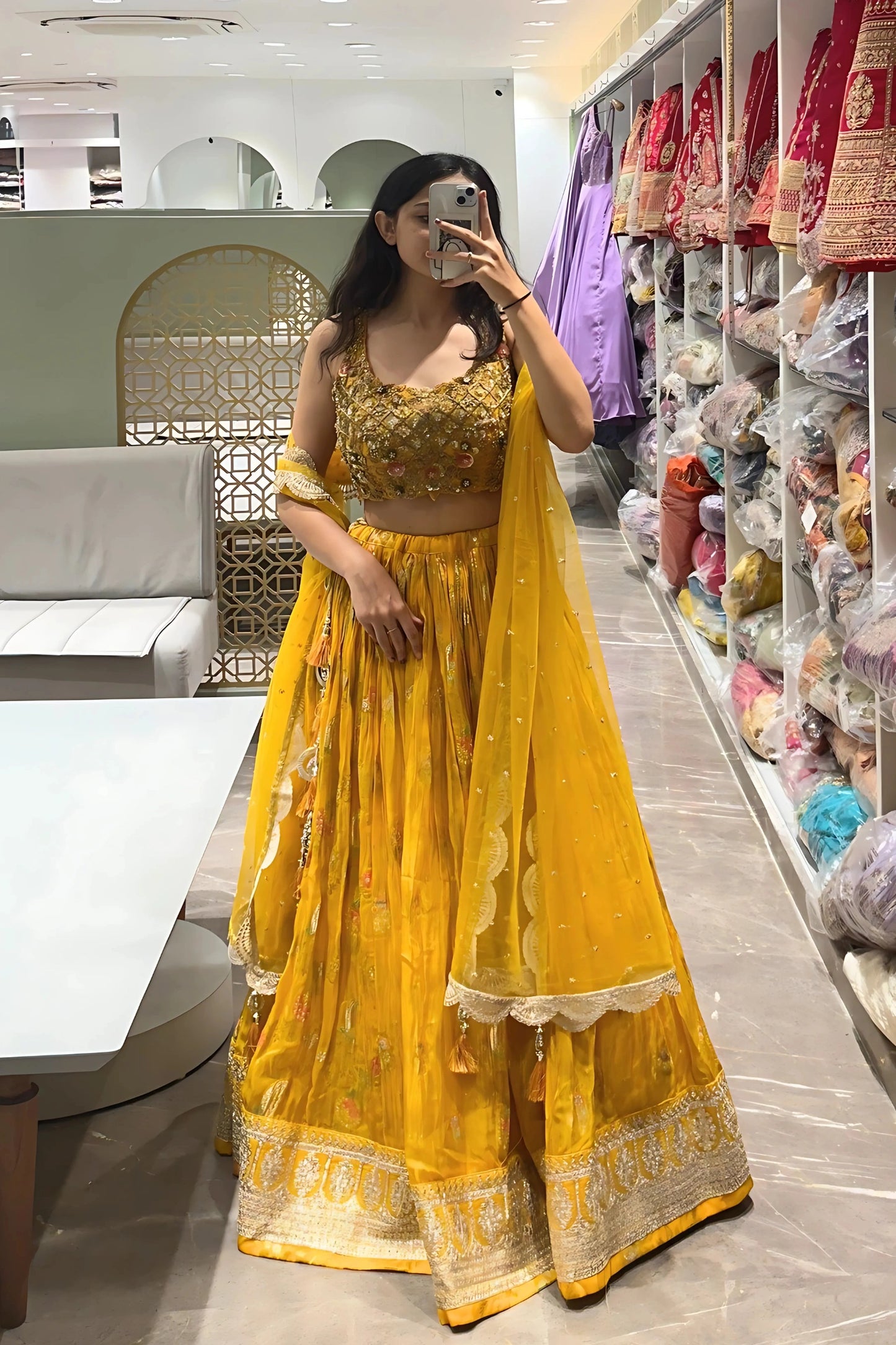 Golden Sunshine Mirror Work Lehenga