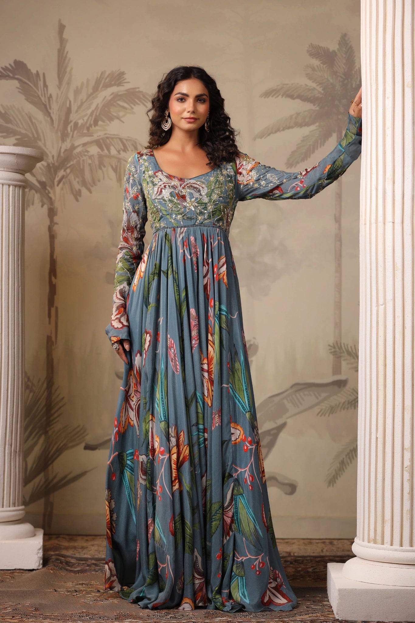 Floral Embroidered Full-Sleeve Gown