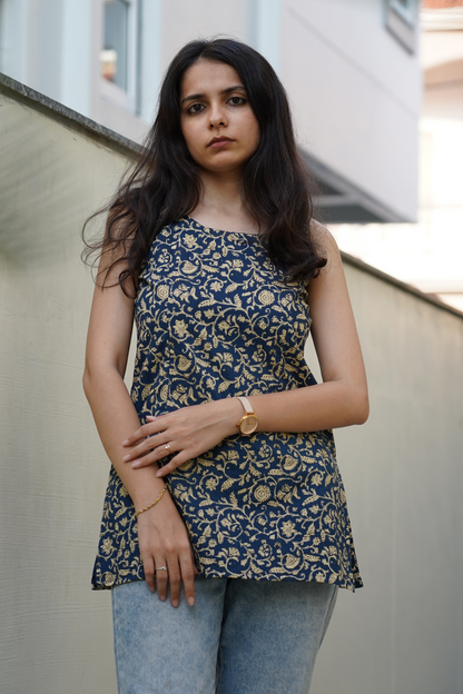 Blue Gold Paisley Block Print Kurti