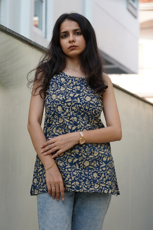 Blue Gold Paisley Block Print Kurti