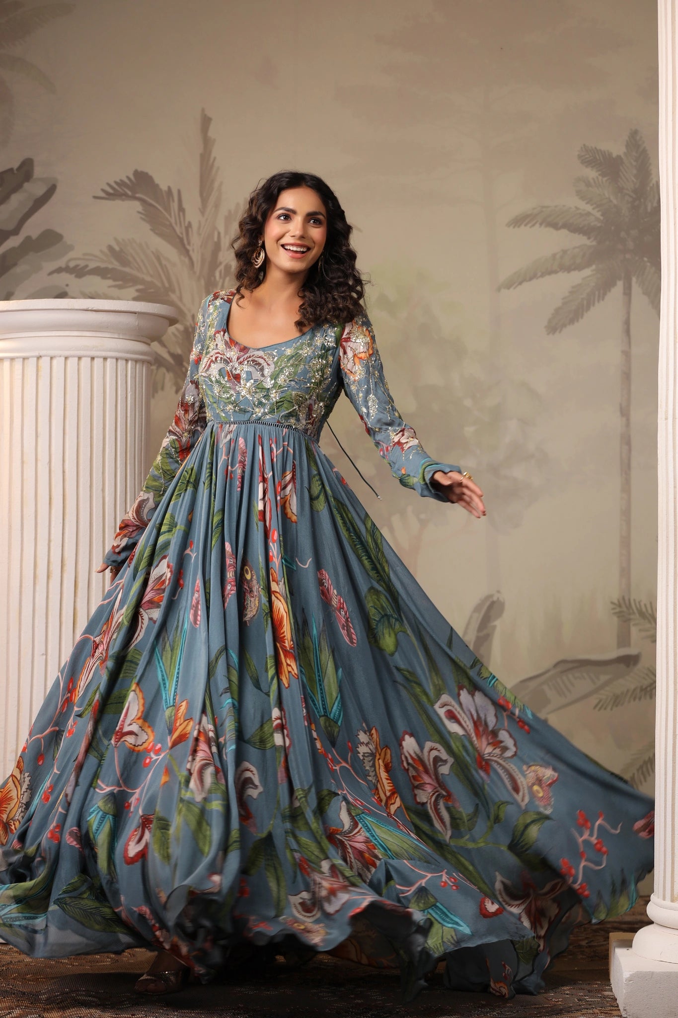 Floral Embroidered Full-Sleeve Gown