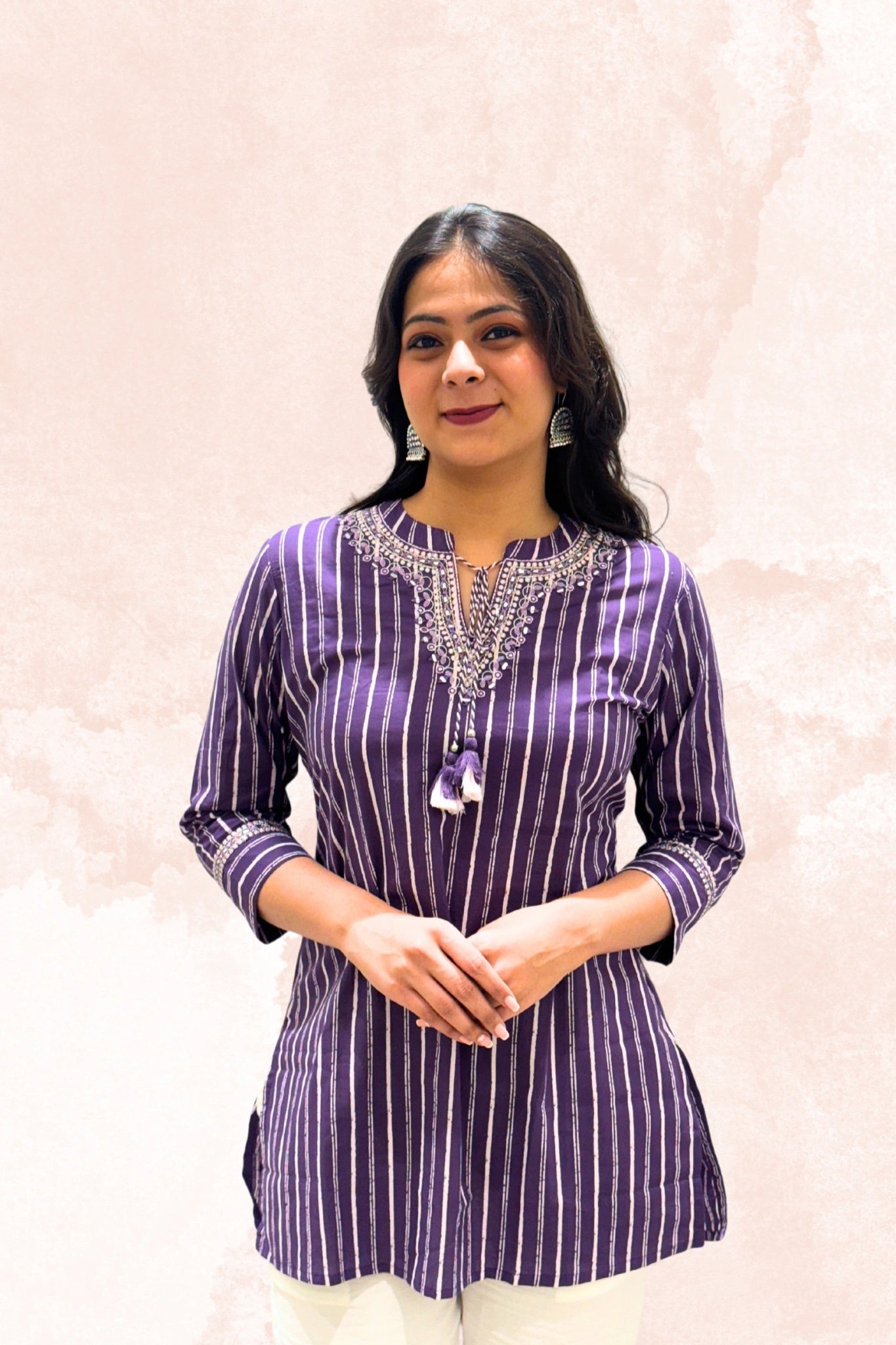 Purple Striped Embroidered Kurti