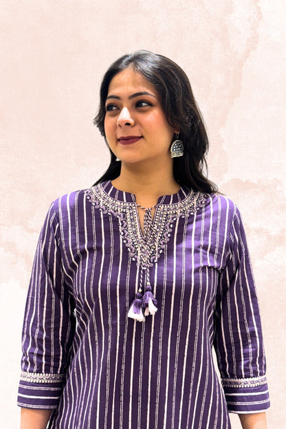 Purple Striped Embroidered Kurti