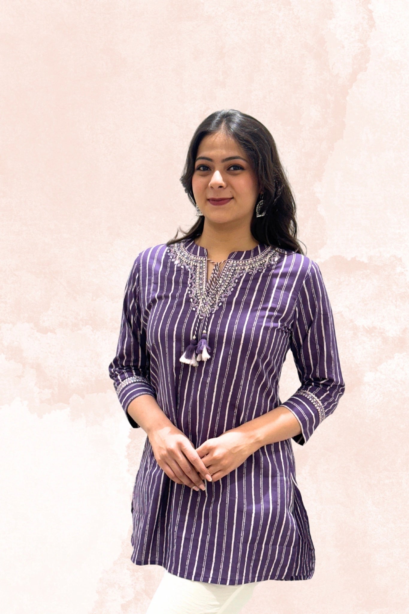 Purple Striped Embroidered Kurti