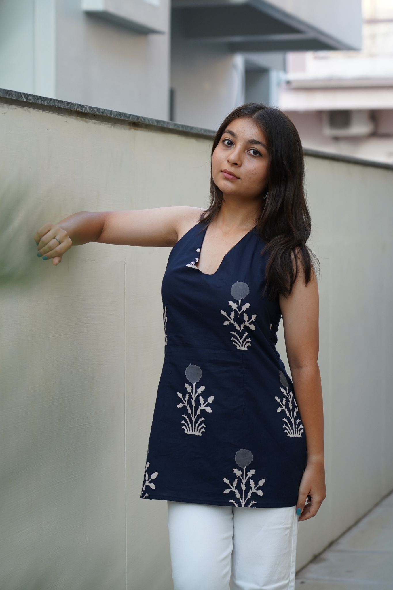 Navy Circular Medallion Halter Kurti