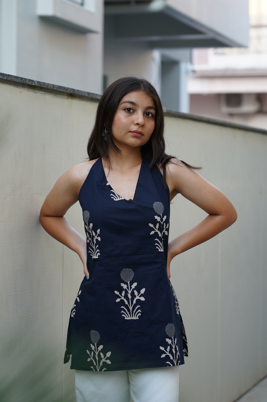 Navy Circular Medallion Halter Kurti