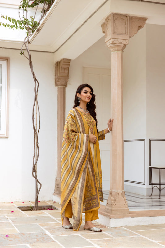 Mustard Striped Embroidered Salwar Suit