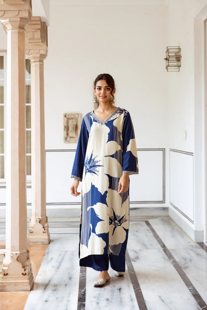 Navy Floral Printed Kurti Set