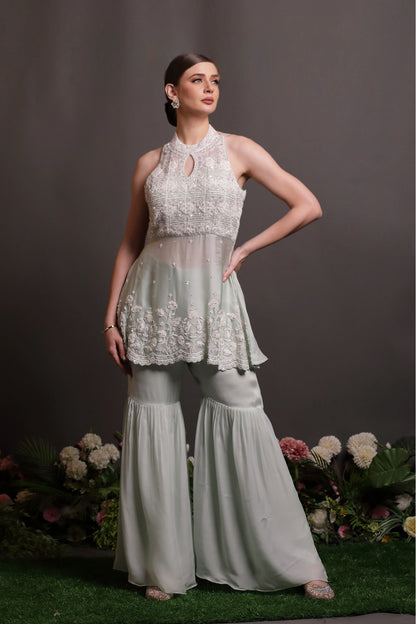 Mint Green Embroidered Peplum Top with Palazzo Pants