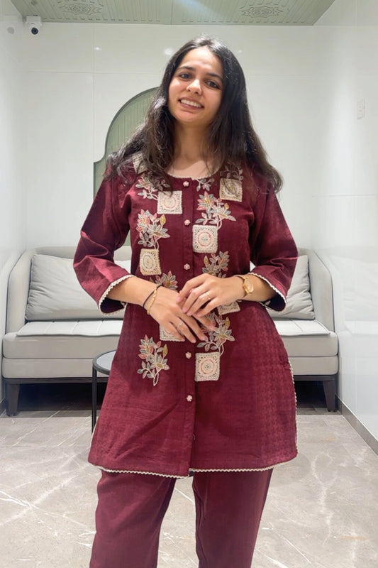 Floral Emblem Maroon Co-ord Set