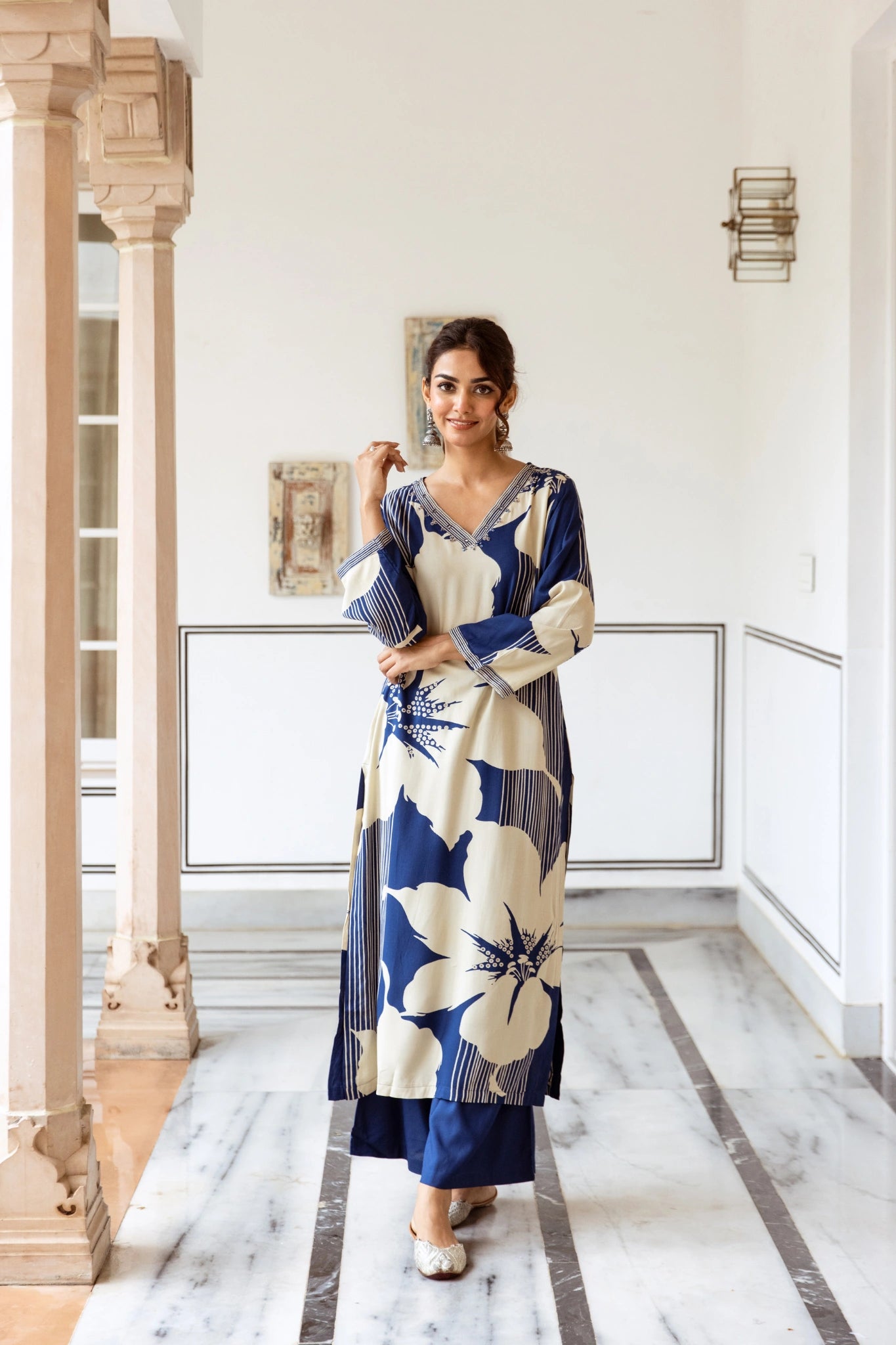 Navy Floral Printed Kurti Set