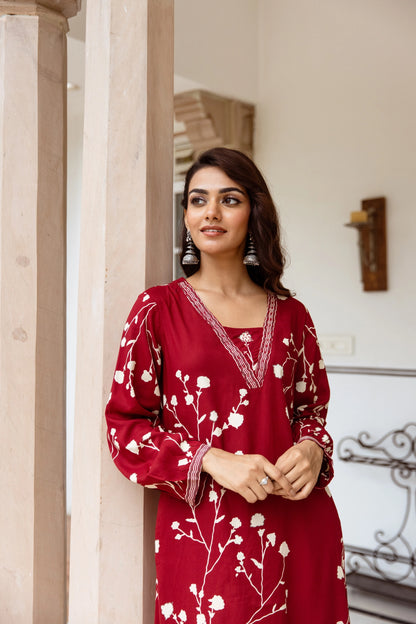 Crimson Blossom Kurti Set