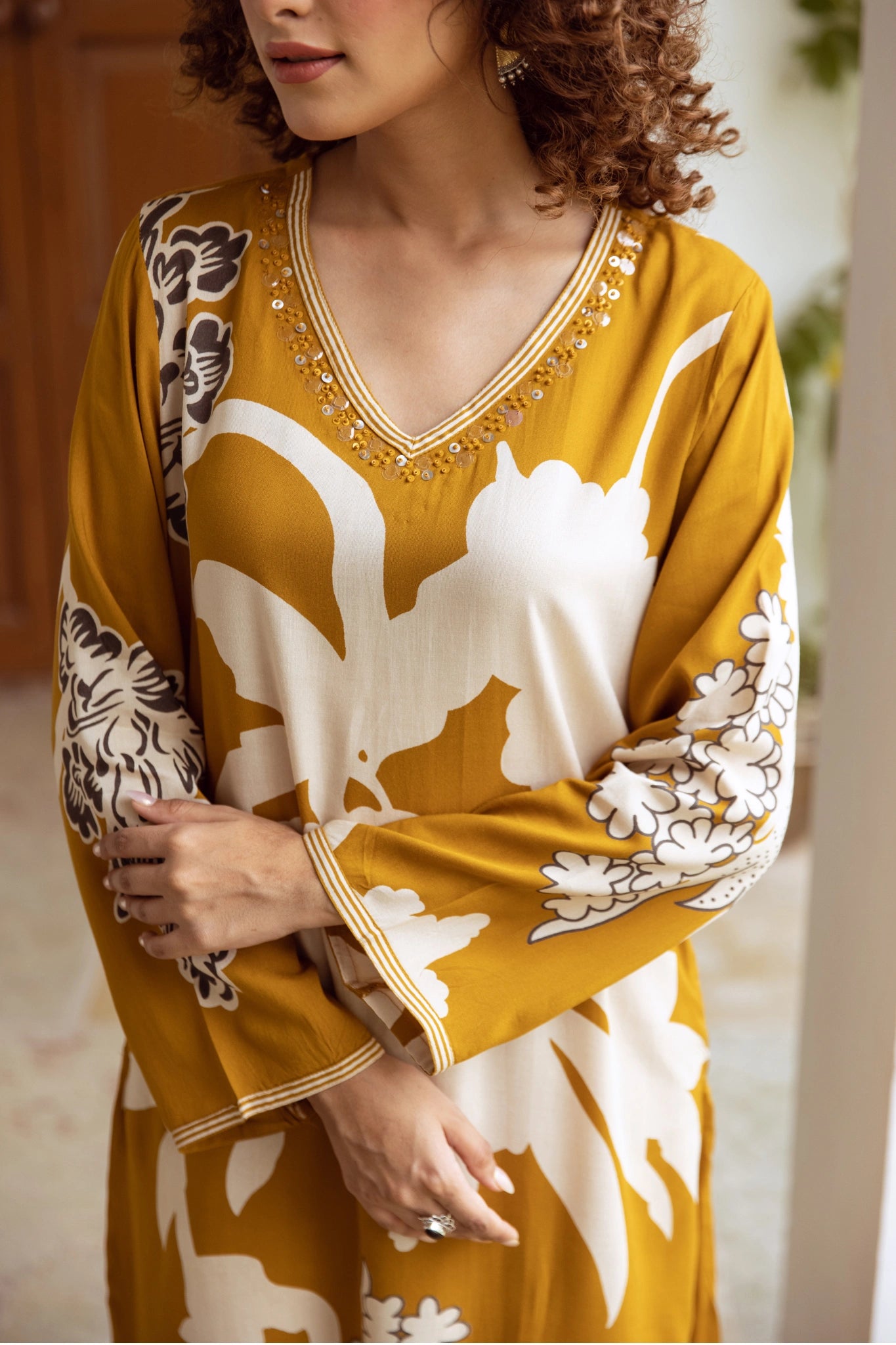 Mustard Floral Kurti & Pant Set