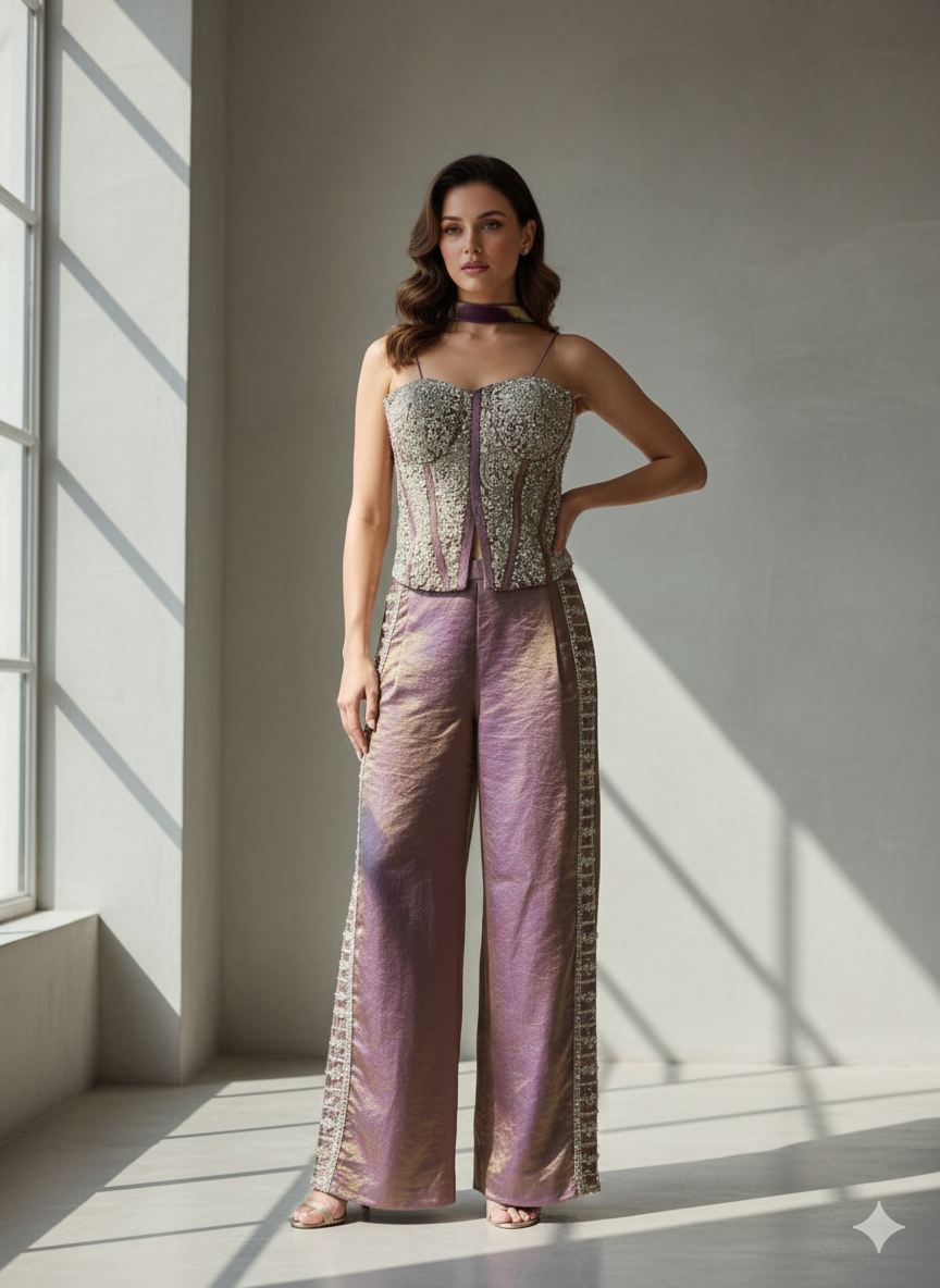 The Amethyst Iridescent Corset & Wide-Leg Trouser Set