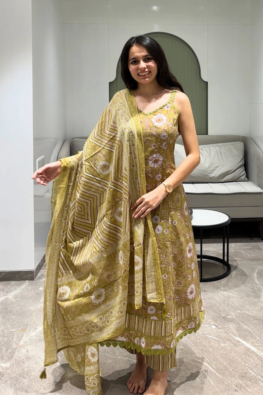 Golden Olive Floral Suit Set