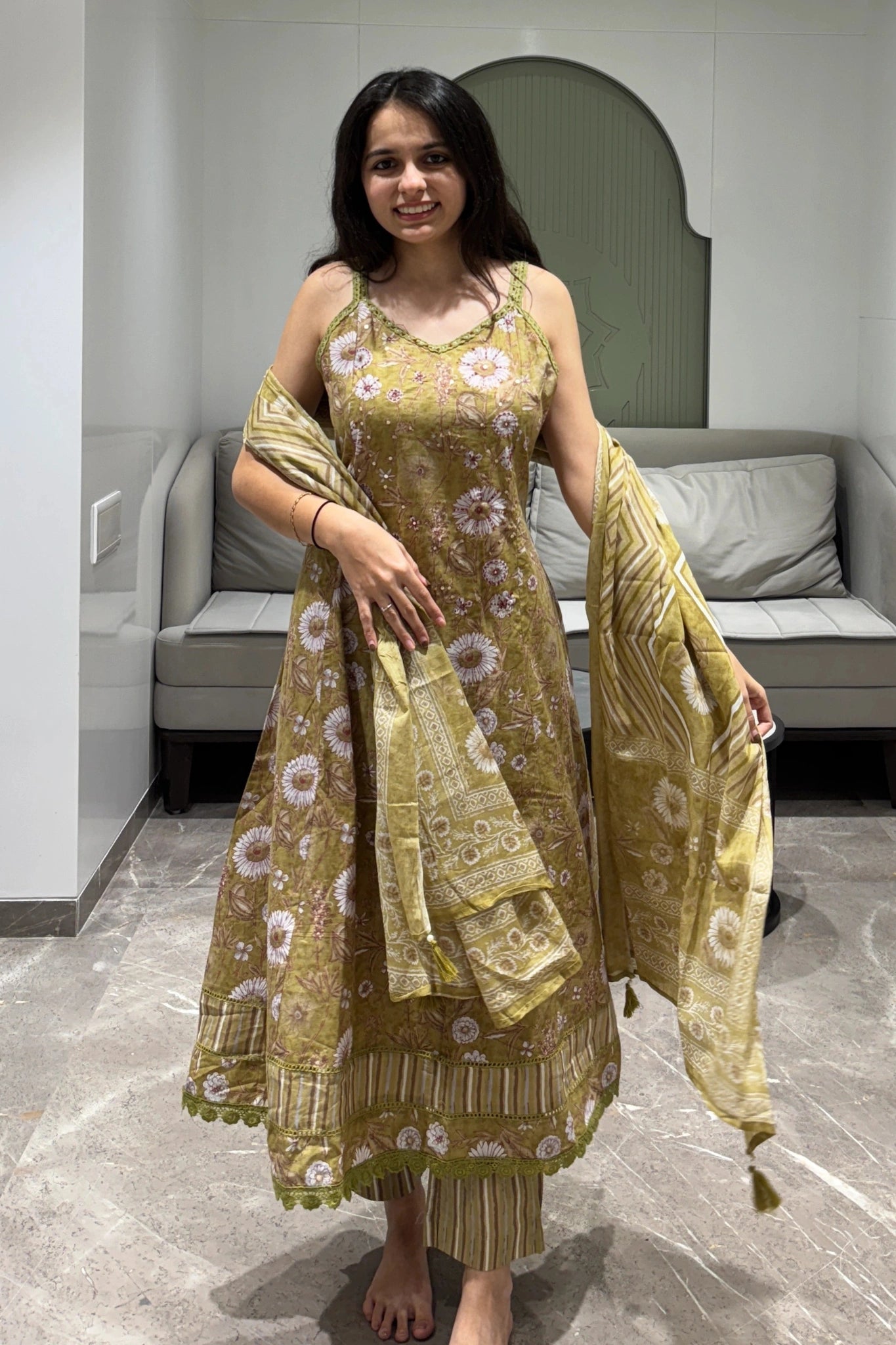 Golden Olive Floral Suit Set
