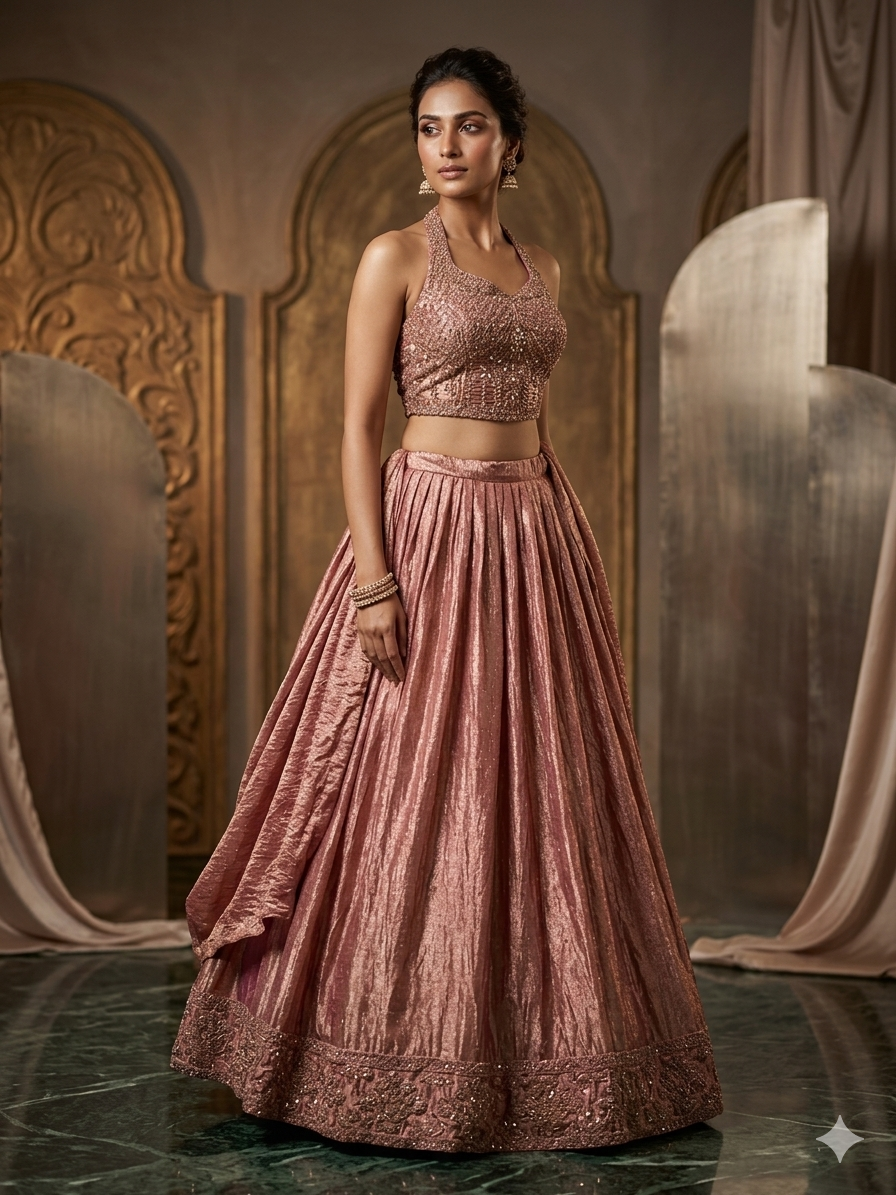 Lustre Silk Halter Lehenga in Rosewood