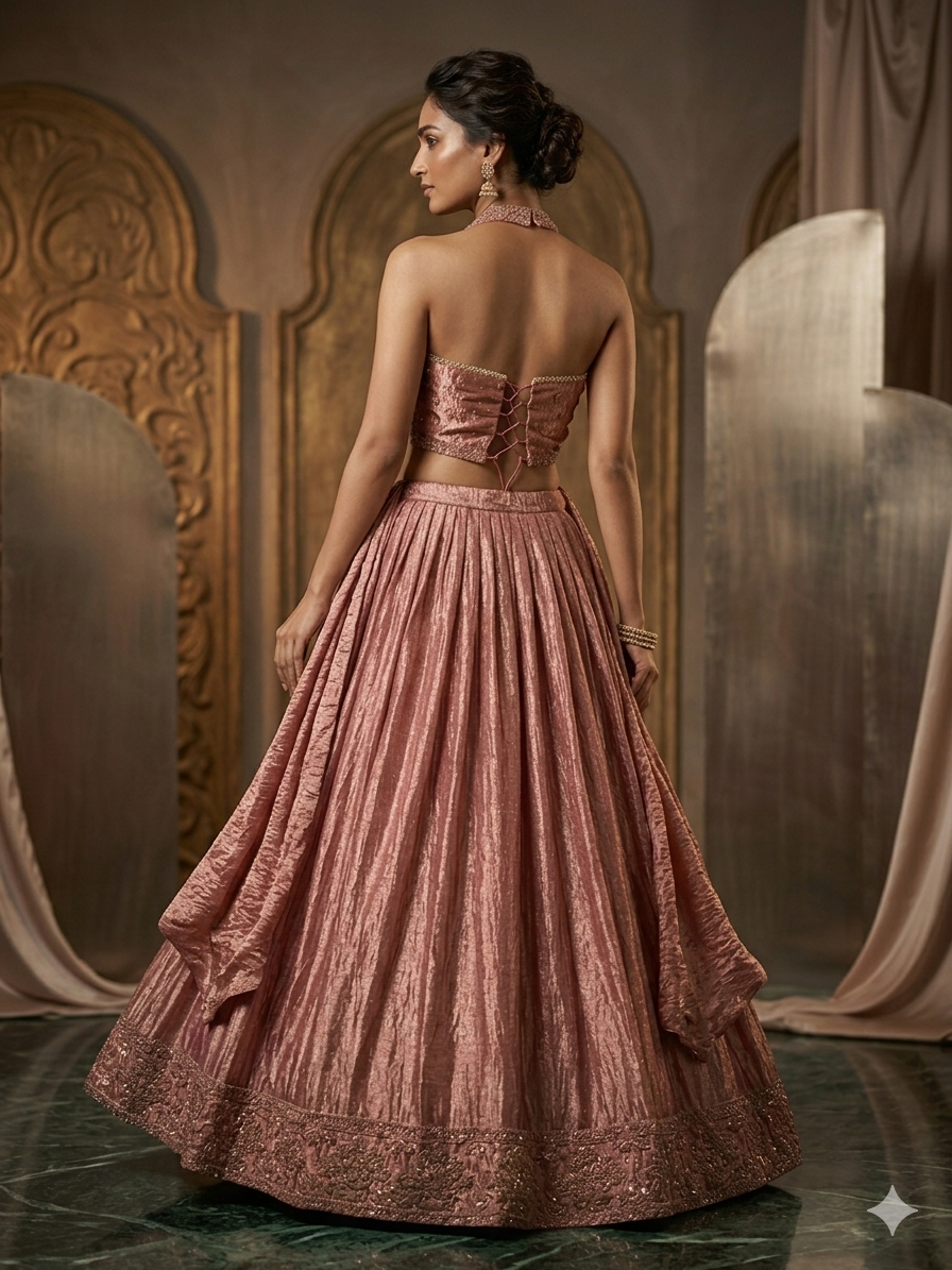 Lustre Silk Halter Lehenga in Rosewood