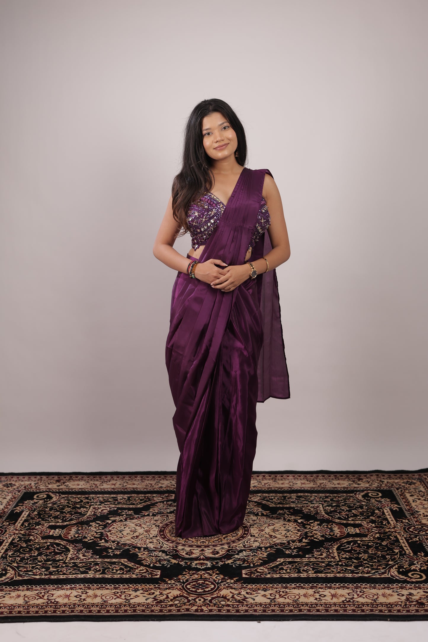 Velvet Plum Sequin Ready-to-Wear Saree