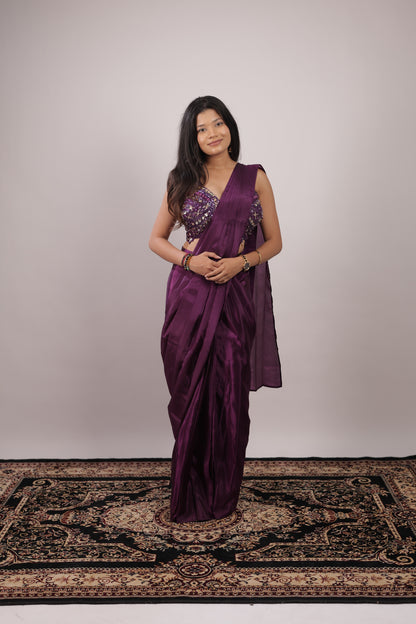 Velvet Plum Sequin Ready-to-Wear Saree