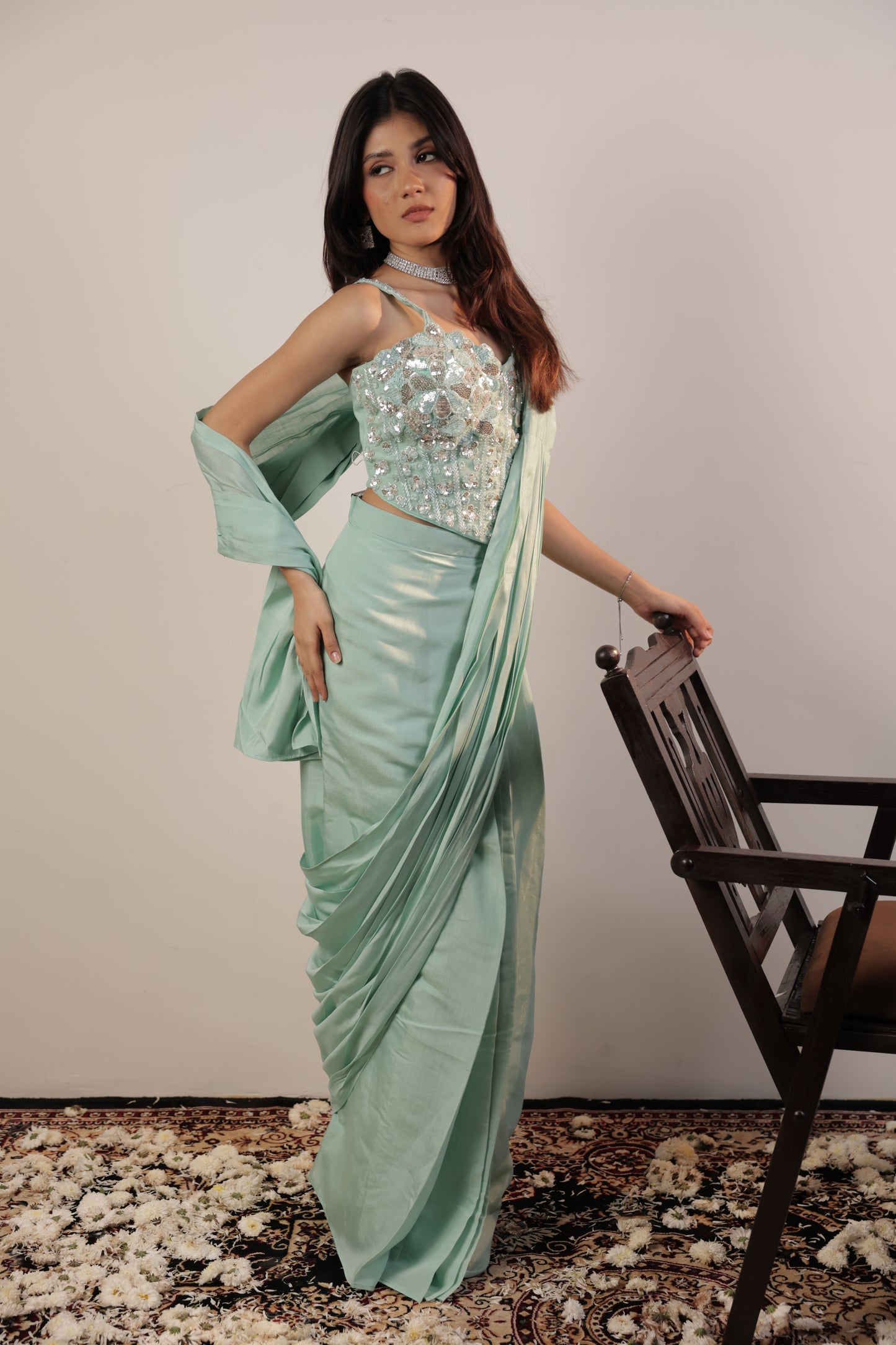 Aqua Frost Sequin Drape Saree
