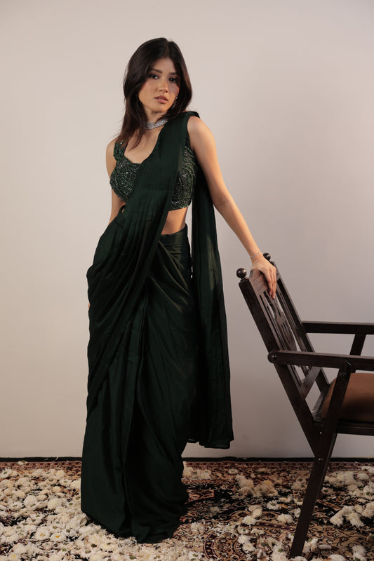 Emerald Luxe Hand-Embroidered Saree