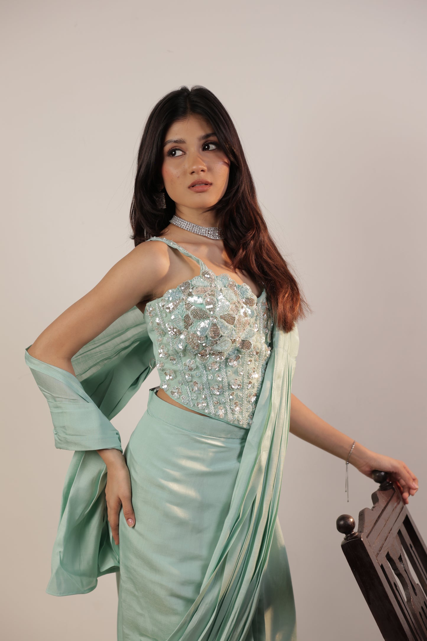 Aqua Frost Sequin Drape Saree