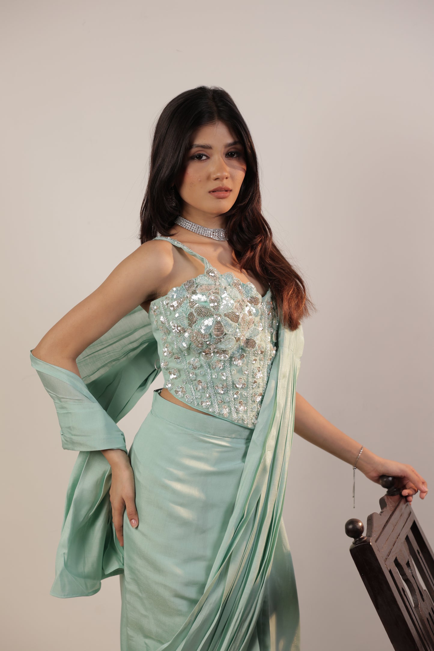 Aqua Frost Sequin Drape Saree