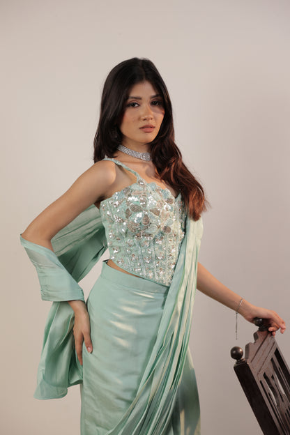 Aqua Frost Sequin Drape Saree