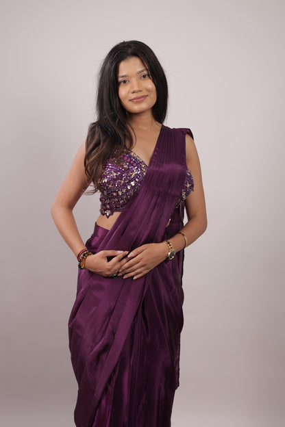 Velvet Plum Sequin Ready-to-Wear Saree