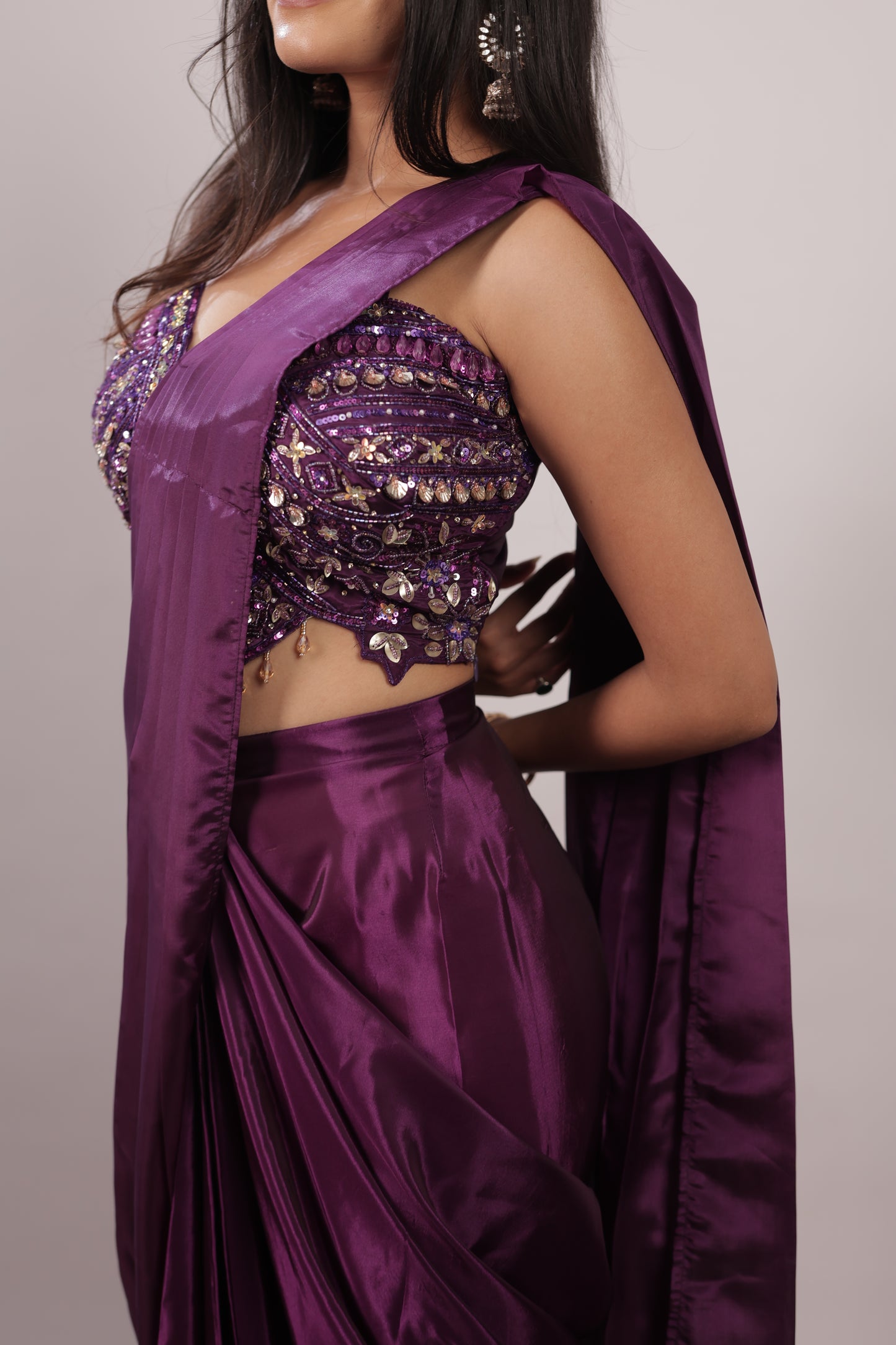 Velvet Plum Sequin Ready-to-Wear Saree