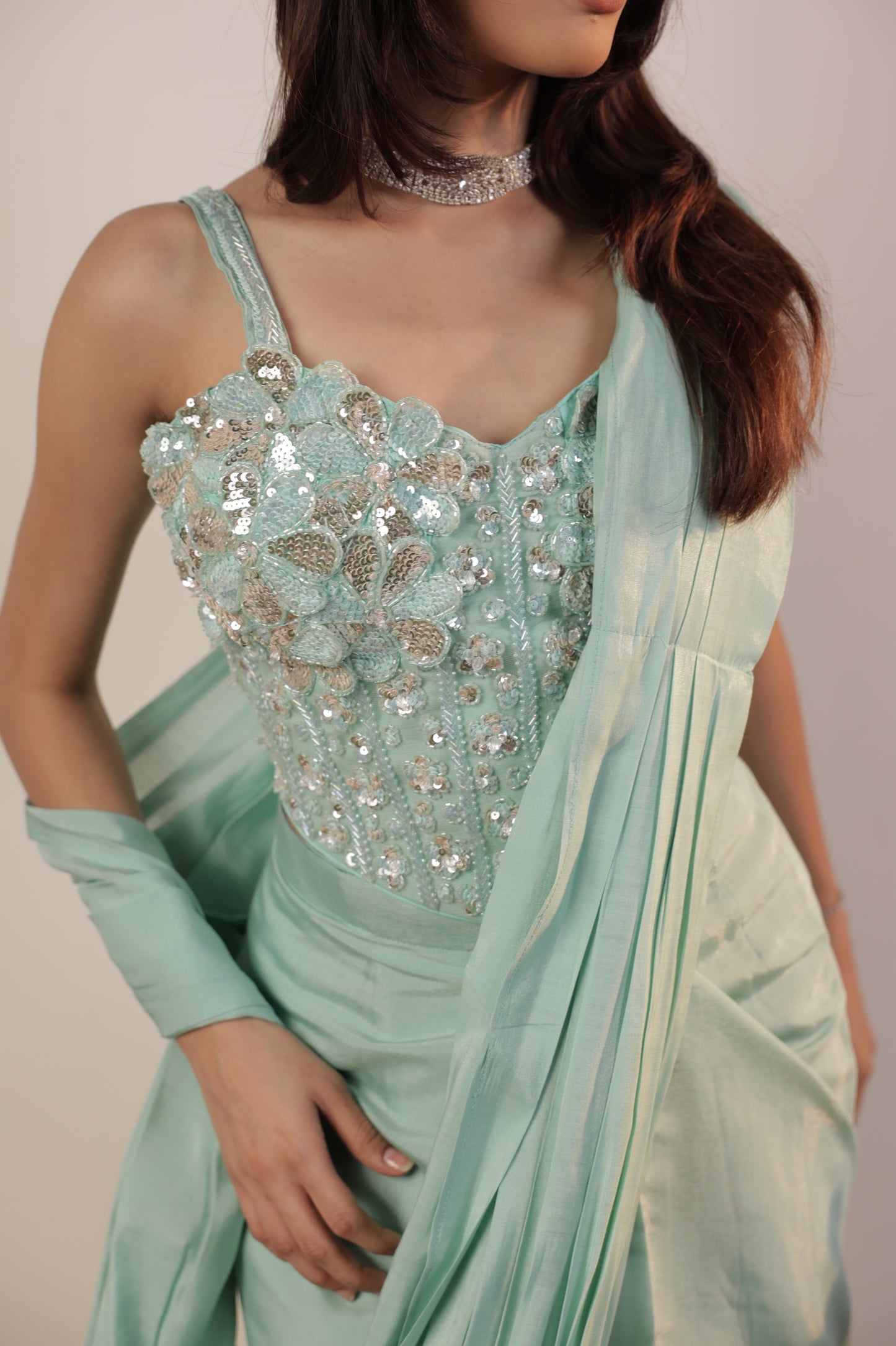 Aqua Frost Sequin Drape Saree