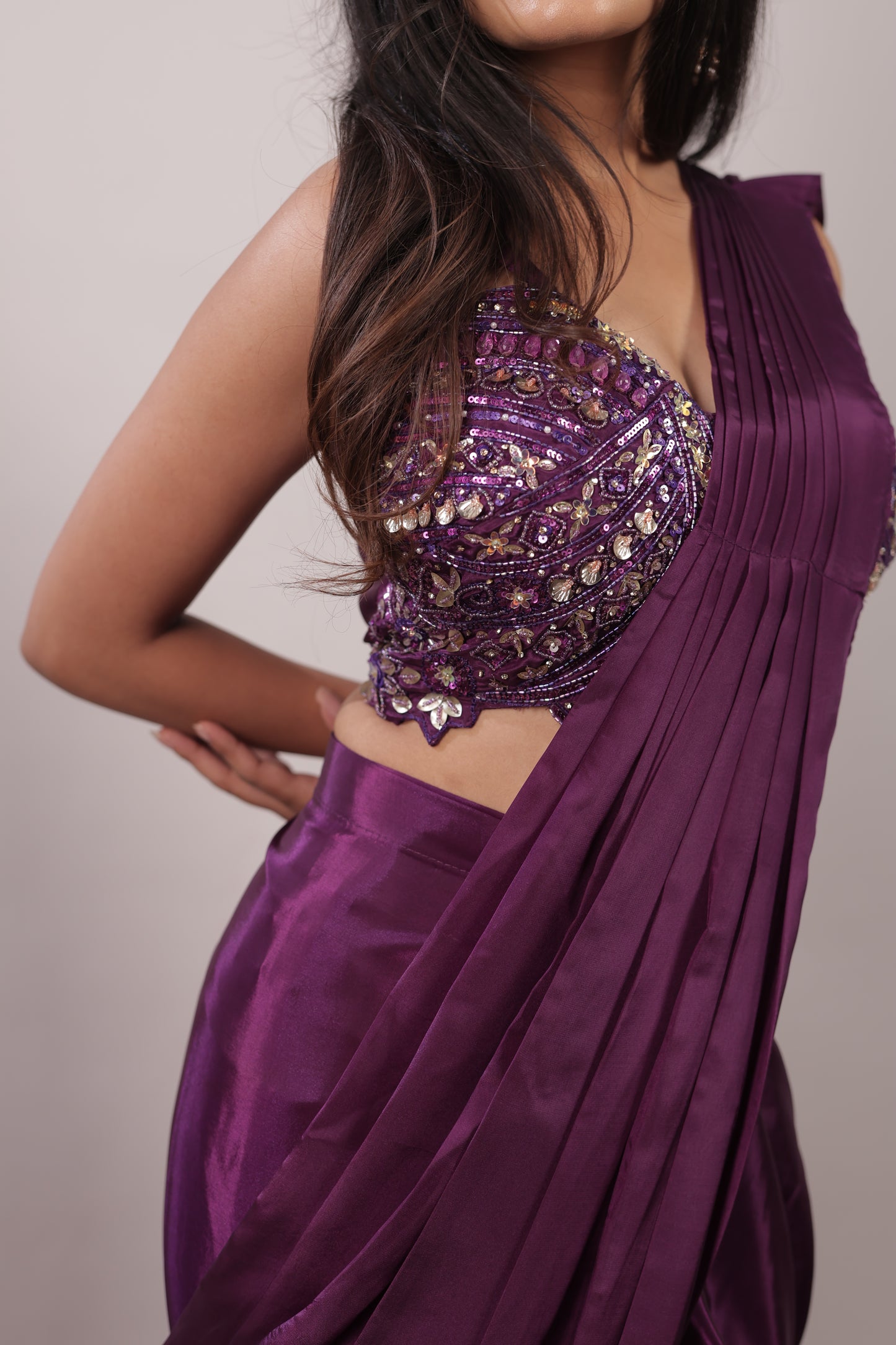 Velvet Plum Sequin Ready-to-Wear Saree