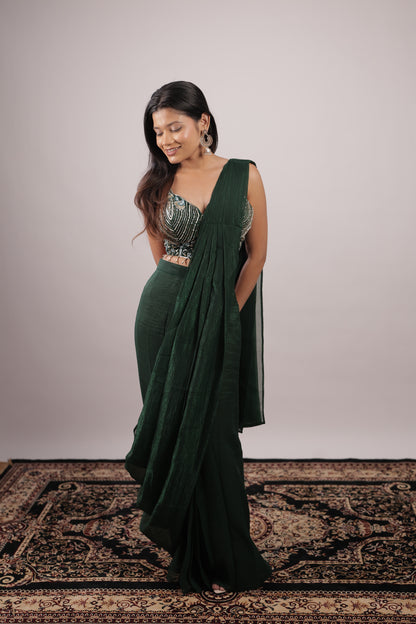 Emerald Cascade Embellished Ready-to-Wear Saree