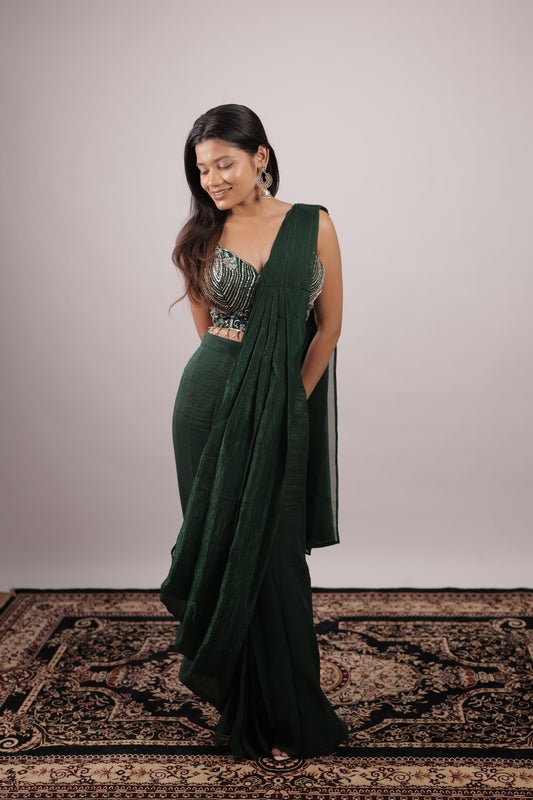 Emerald Cascade Embellished Ready-to-Wear Saree