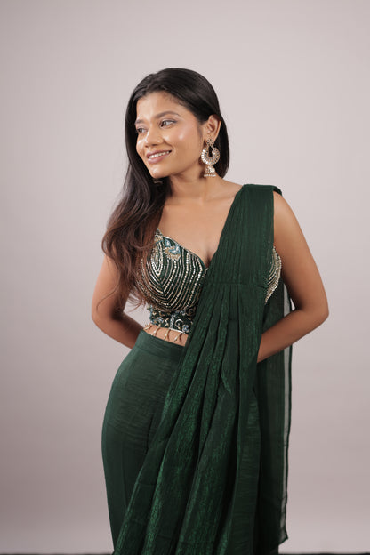 Emerald Cascade Embellished Ready-to-Wear Saree