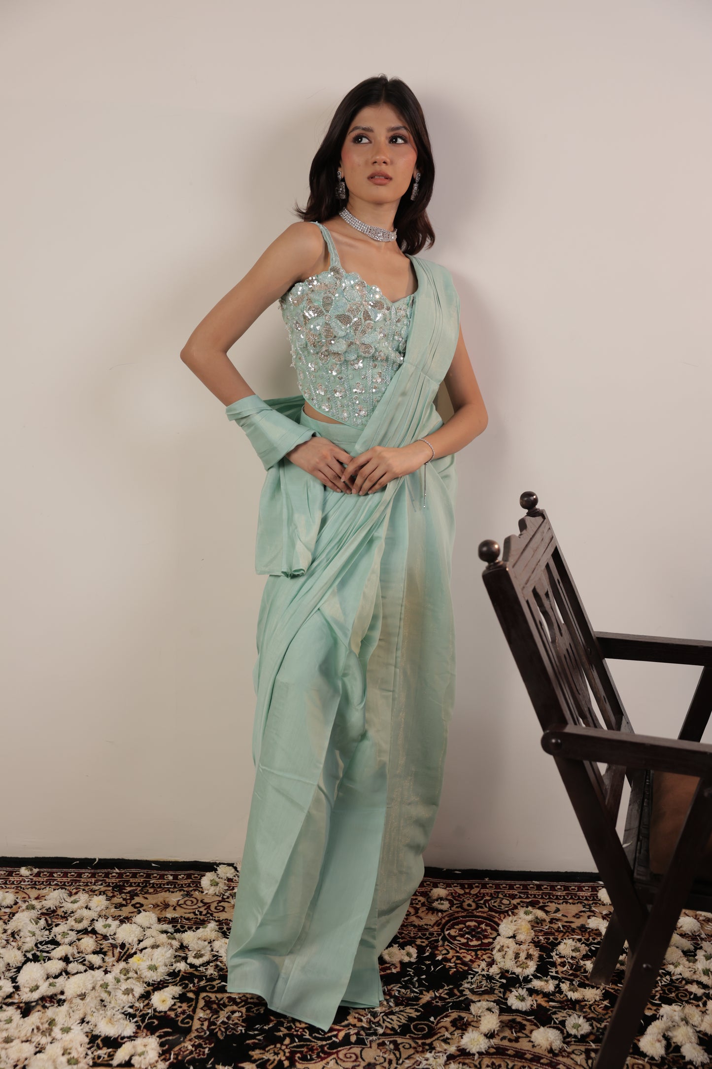 Aqua Frost Sequin Drape Saree
