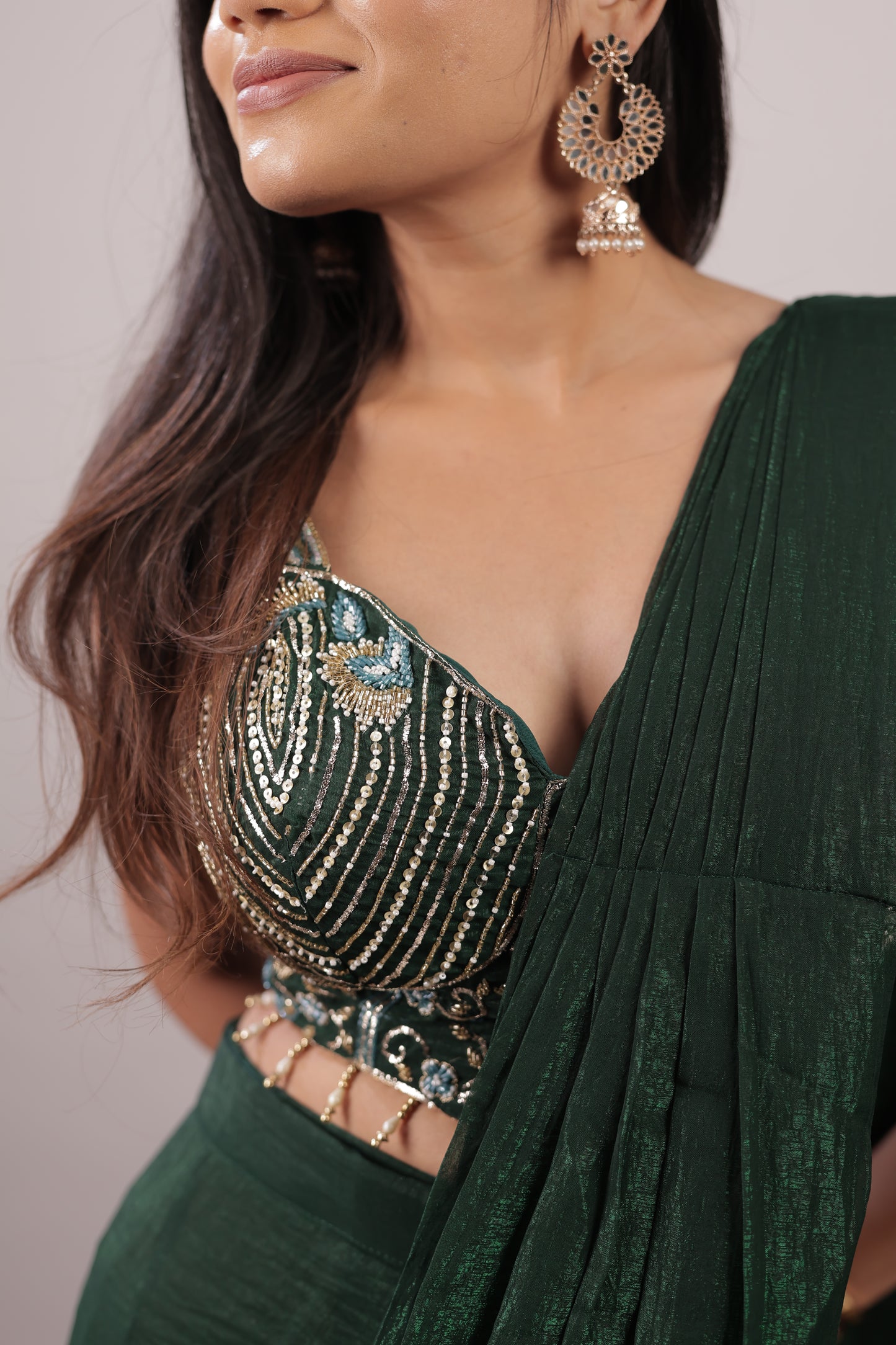 Emerald Cascade Embellished Ready-to-Wear Saree