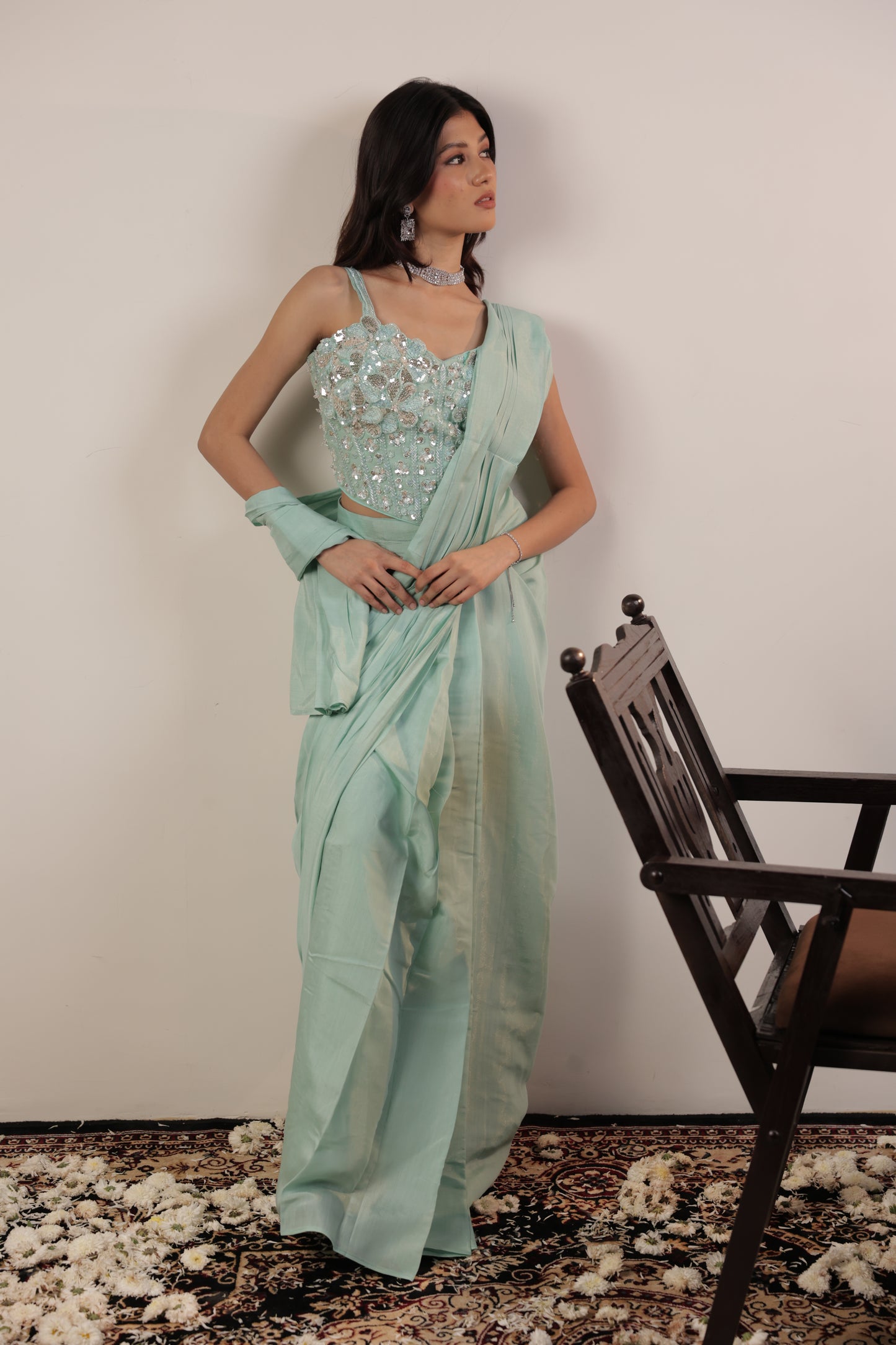Aqua Frost Sequin Drape Saree