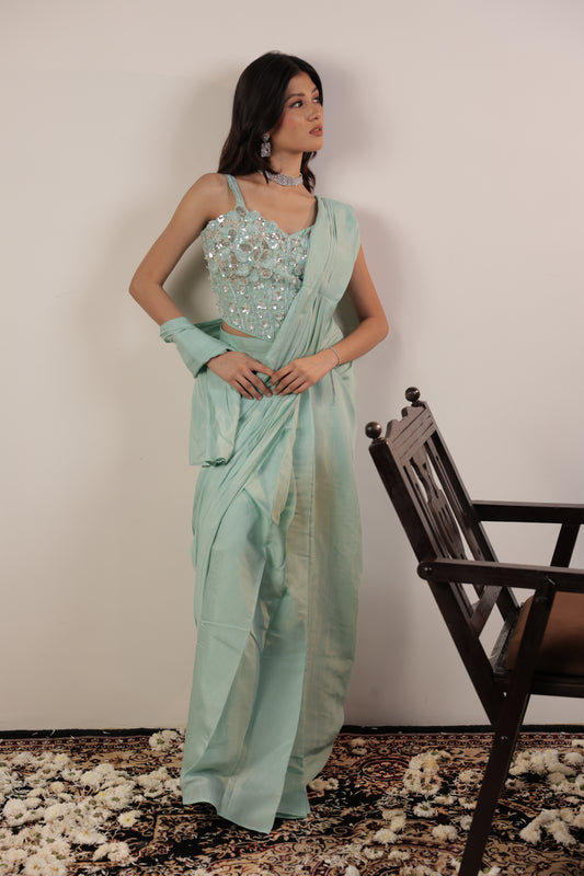 Aqua Frost Sequin Drape Saree